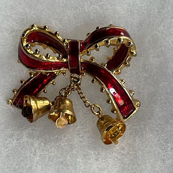 Vintage bow & dangle bells holiday brooch - Picture 2 of 5